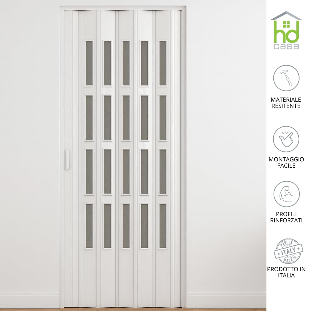 HD CASA Porte pliante standard Extra, PVC avec vitrage transparent, réversible et réglable en hauteur longueur, à monter soi-même, fabriquée Italie, ameublement, blanche 82 x 200 cm
