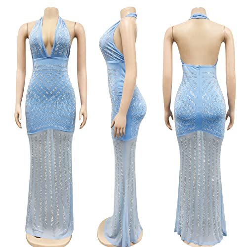 Image of PORRCEY Women's Sexy Rhinestone Mesh See Through Party Night Prom Dress