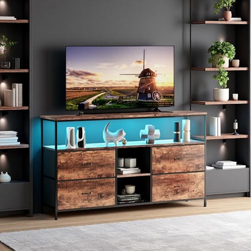 Meuble TV, LED Meuble Tele Haut, Meuble TV avec Rangement, Etagères Réglables, 4 tiroirs en Tissu, Intégrez Solutions Rangement Optimisez Visionnage...