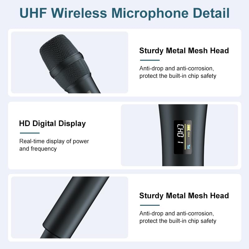 Dual UHF Wireless Microphone System - 2 Handheld Mics, 160ft Range, Noise Cancelling & Rechargeable for DJ/Live Performance, Business Meeting, karaoke singing mic, Recording Anti-Interference - Image 3