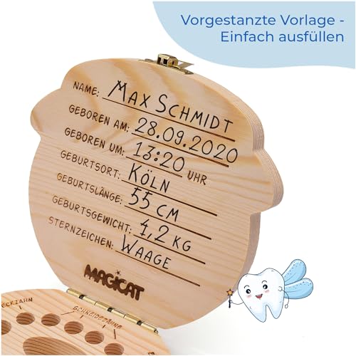 Magicat Premium Milchzahndose Jungen, Zahndose aus Holz, Dose zur Aufbewahrung von Milchzähnen, Baby Milchzähne Box als Geschenk zum Geburtstag oder Taufe, inkl. Pinzette und Zahnfee Geschichte