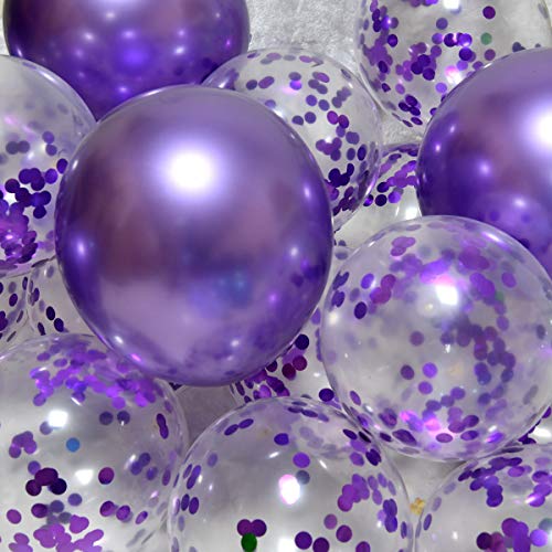 Image of Purple Confetti Balloons, 12inch, 50 Pcs, Latex, Perfect for Birthdays, Unisex-Adults & Kids