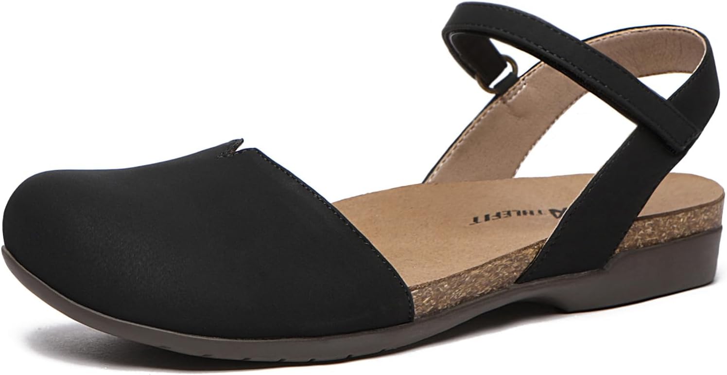 Athlefit Women's Closed Toe Sandals Comfort Cork Footbed Arch Support Flat Sandals