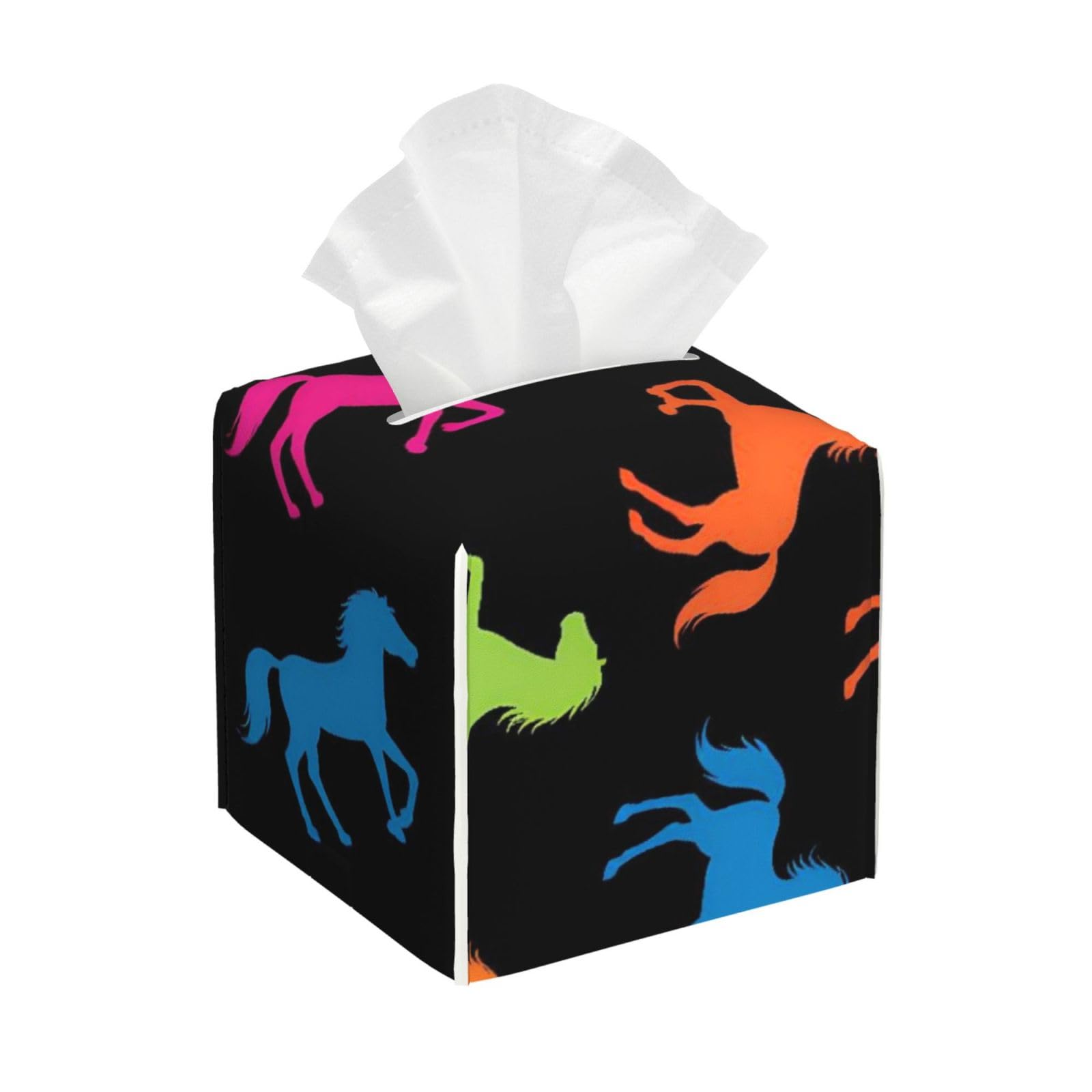 Rainbow Horse Leather Tissue Box Cover Holder Square Facial Paper Organizer 5.2" X 5.2" X 5.2"