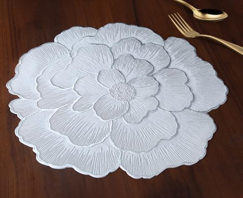 Image of Yellow Weaves 1 Pc PVC Round Table Placemat, Dining Table Mat, Stain Resistant, Anti-Skid, Waterproof, Washable, Dining, Kitchen, Restaurant Table Set Easy to Clean, Durable (Floral Silver)
