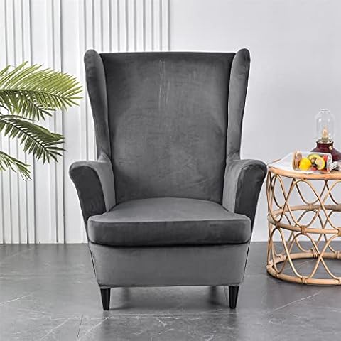 MIFXIN Wing Chair Slipcover 2 Piece Set Velvet Stretch Wingback Chair Cover with Cushion Cover Soft Washable Armchair Furniture Protector for Living Room Bedroom (Dark Grey) Cover