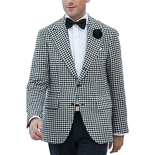 Mens Houndstooth Grid Plaid Tuxedo Blazer Dogstooth Peak Lapel Suit Business Dress Slim Fit Suit Customize