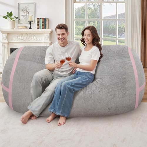 Image of 6FT Bean Bag Chair 6'Giant Bean Bag Chairs with Adults, Large Beanbag Chair | Bean bag Lounger with Washable Cover Luxurious Velvet Fabric, Comfy Chairs for Living Room, Bedroom Dorm, Lightgrey with Pink