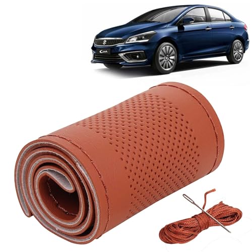 Image of KINGSWAY PU Leatherite Car Steering Cover Sewable Compatible with Maruti Suzuki Ciaz (Year 2018 Onwards), Tan Color with Tan Thread, Pack of 1 with Sewing Needle and Thread