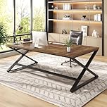 IBF 70.8" Rustic Brown Computer Desk, Extra Long Wood Office Desk for Home, Industrial Metal Large Work Study Writing Table, Dual Monitor Pc Workstation Computer Table for Two Person