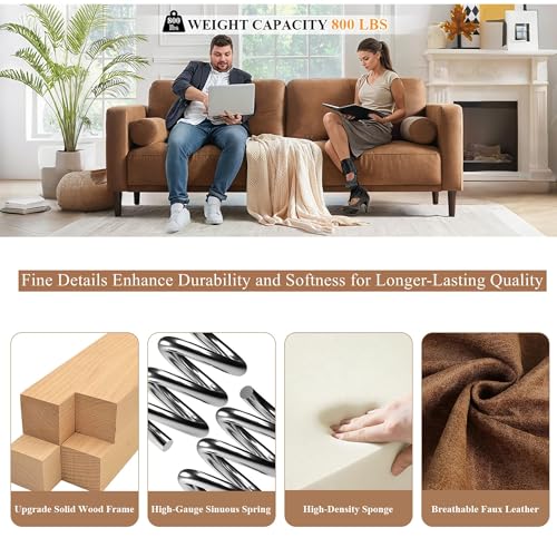 Image of HIFIT 79'' Mid Century Modern Faux Leather Couch Set for Living Room, Brown | 3 Seater Sofa Set, Deep Seat, Plush Cushion, Performance Pocket Spring, 2 Pillows, 800lb Capacity Home Sofa for Office, Brown