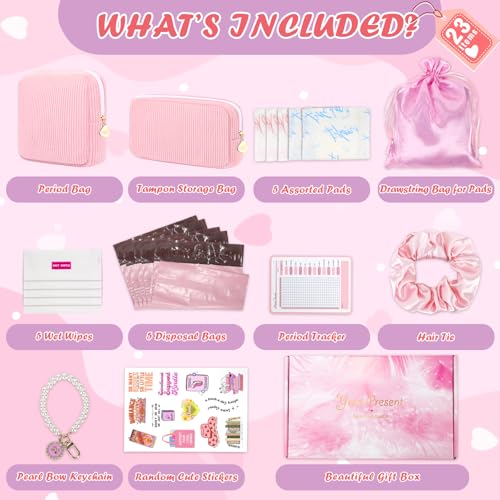 Image of 22 PCS First Period Starter Kit Gift for Teen Girls Period Bags for Teen Tweens Girls with Corduroy Sanitary Pad Storage Bag, Wipes, Menstrual Tracker, Disposal Pouches and More (Pink)