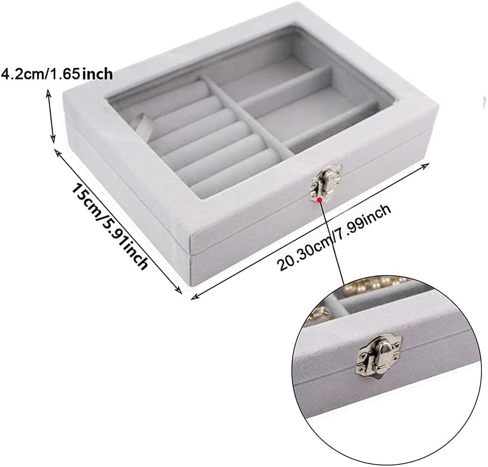Image of Premium Women Jewelry Storage Box, Open Window Velvet Ring, Bracelets, Earrings Display, 9 Grids Lockable, Removal Tray, Ring Slot, Jewelry Tray Travel Case (pack of 1 piece, grey)