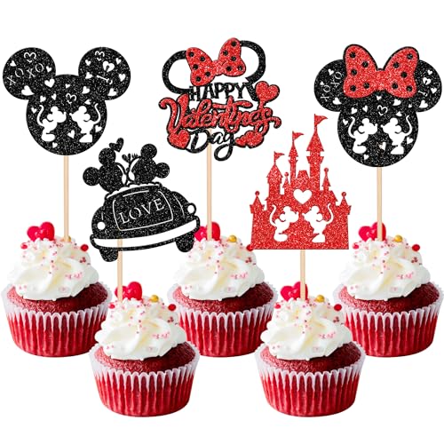 24 PCS Happy Valentine's Day Cupcake Toppers Black and Red Glitter Sweet Love Heart Mouse Inspired valentines Cupcake Picks for Valentine's Day Theme Birthday Party Cake Decorations Supplies