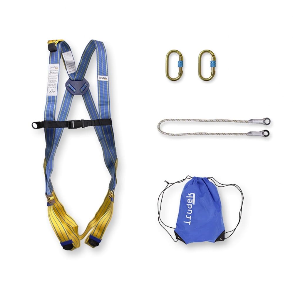 Irudek KIT HIMALAYA ECO – Zestaw asekuracyjny do pracy na wysokości z uprzężą Light Plus 1, taśmą ograniczającą 1 m, 2 karabińczykami stalowymi i torbą