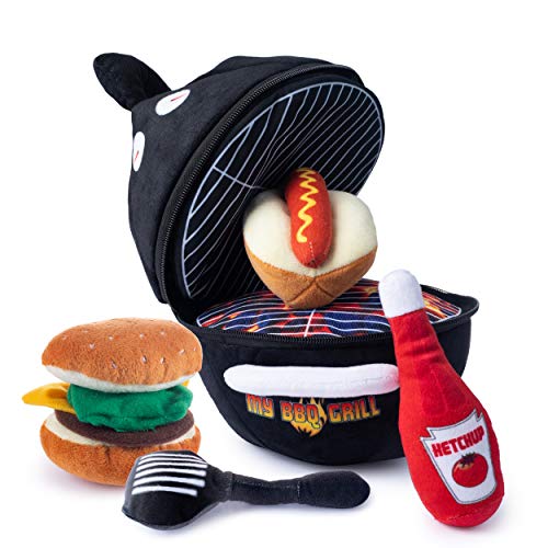 Kids Grill Playset | Plush Pretend Grill | BBQ Grill Toys for Kids | Kids BBQ Grill Playset | Plush Toy BBQ Grill Set | Includes 4 Talking Soft Plush Food & Utensils | A Plush Grill Shaped Carrier