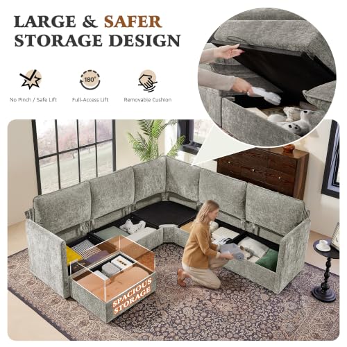 Image of Ihanherry Oversized Modular Sectional Sofa with Storag, 6-Seater V Shaped Cloud Couch with Movable Ottomans, Chenille Deep Seat Corner Couches for Living Room (Grey)
