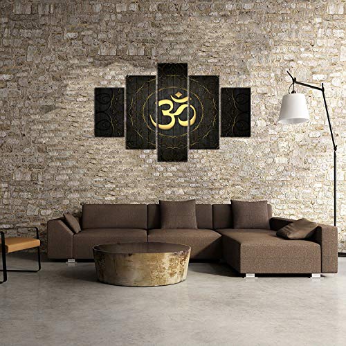 5 Pieces Buddha Om Yoga Symbol Canvas Painting Abstract Golden Pattern Wall Art Decor Black Ornate Indian Yoga Circle Prints Pictures For Living Room Bedroom Dorm Home Decoration (60”Wx40”H) #TOP3