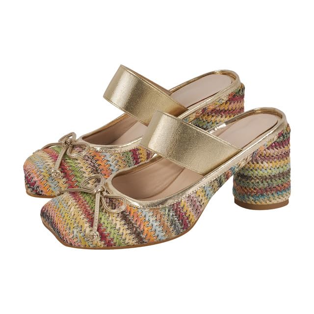 LISHAN Womens Bow Square Toe Ballet Pumps Chunky Heel Slip On Mule Sandals