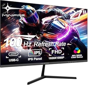 Minifire- Monitor- 27-Zoll-Bildschirm im rahmenlosen Design, IPS, 100Hz, USB Tpye-C, FHD(1080P), sRGB110%, 300 Nits, FreeSync, Eye-Care, HDMI USB Type-C Anschlüsse, unterstützt VESA - Schwarz