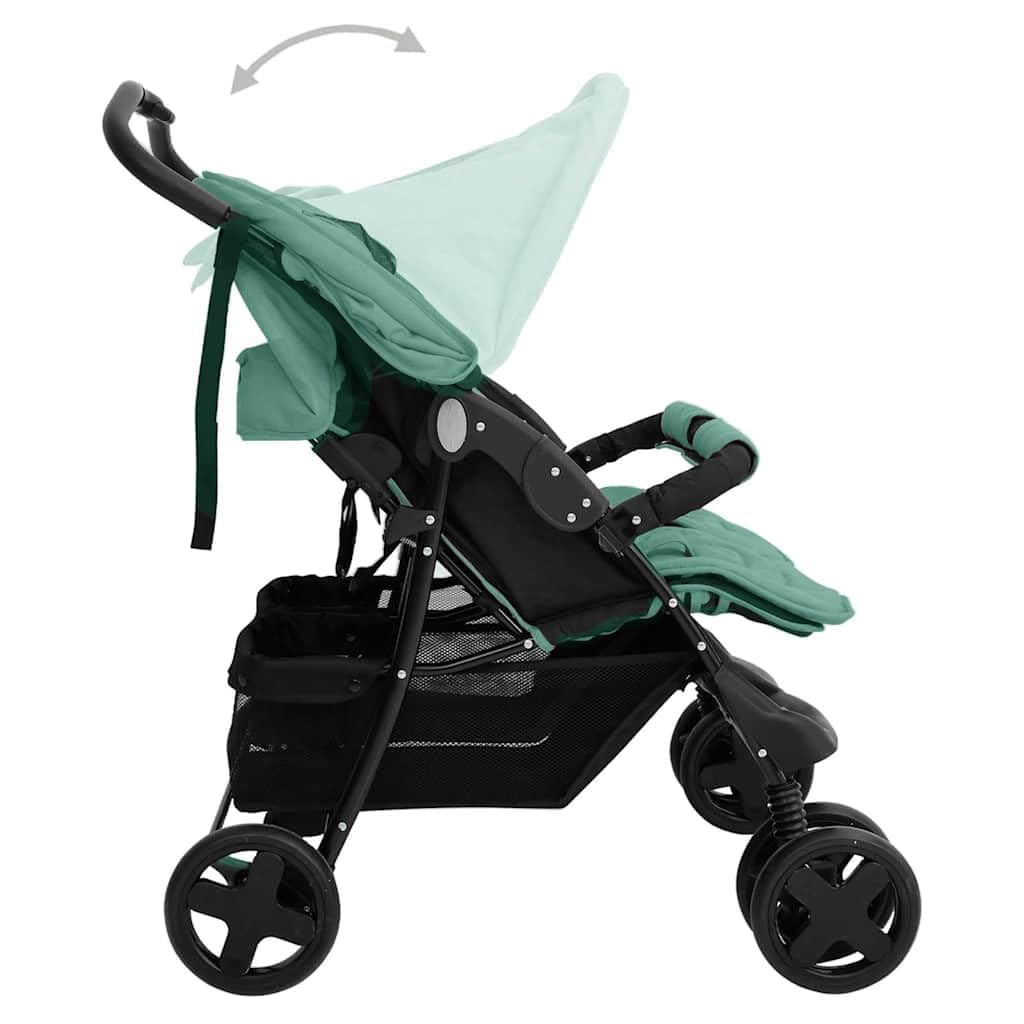 vidaXL Poussette à Deux Places Landau Pliable de Vayage Poussette de Voyage pour Tout-petit Extérieur Protection contre Rayons UV Vert Acier