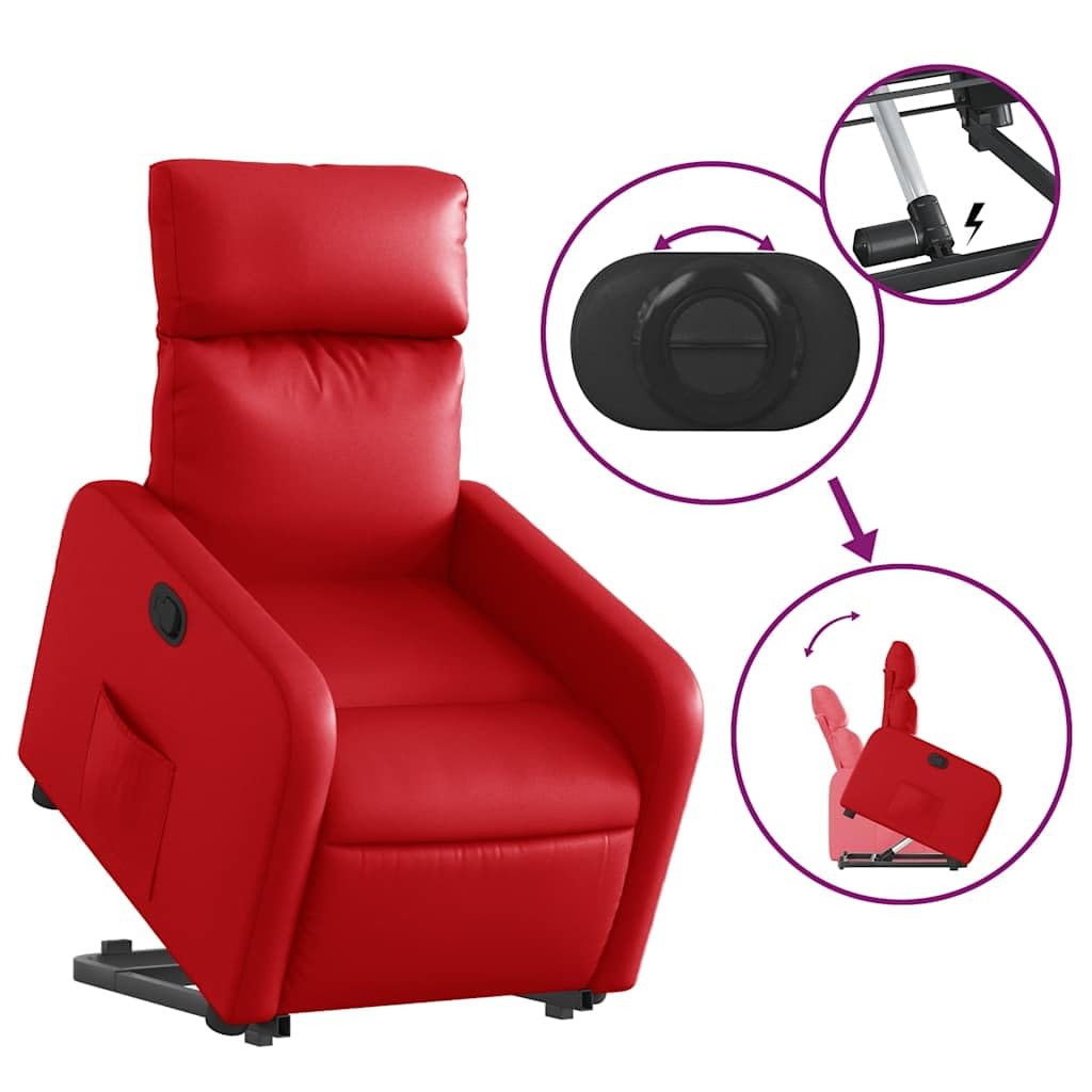 Sillón elevador reclinable con elevación eléctrica y respaldo manual, color rojo de piel sintética, estructura estable de madera y metal, bolsillo lateral, asiento acolchado
