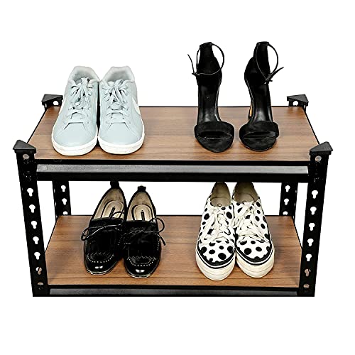 Image of Ash & Roh Wooden Steel Sections Adjustable Industrial Storage Rack and Shelves Steel Stand Bookshelf Adjustable Shelves (2 Section)