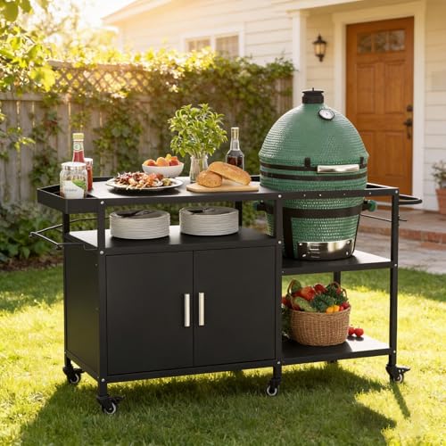 Mobile Grill Cart Compatible with Big Green Egg Heavy Duty Metal Grill Table for Large/Medium Ceramic Charcoal Grills Outdoor Kitchen Island Prep Station with Storage Cabinet 6 Wheels