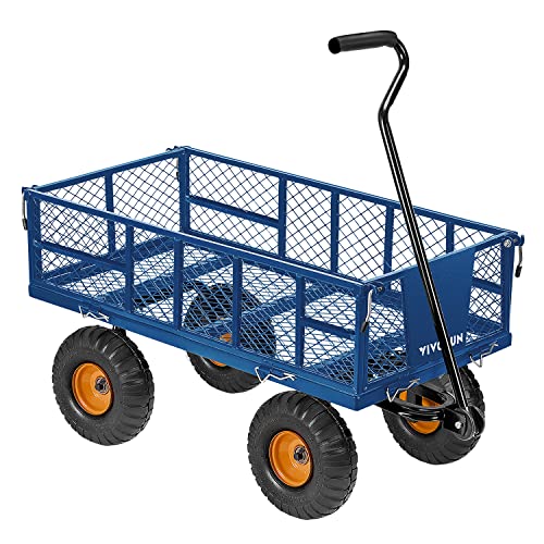VIVOSUN Heavy-Duty Steel Garden Cart, 500-Pound Capacity, Steel Utility Garden Wagon with Removable Sides and 10´´ Pneumatic Tires for Outdoors, Lawns, Yards, Farms, and Ranches, Blue