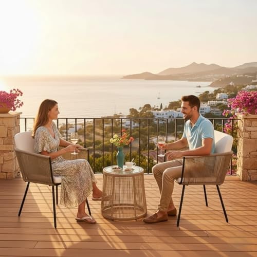 Image of LOCCUS 3 Pieces Patio Furniture Set Outdoor All Weather Woven Rope Conversation Bistro Set Hand-Woven Rope Chairs with Glass Top Coffee Table Set for Backyard (Beige and Off-White)