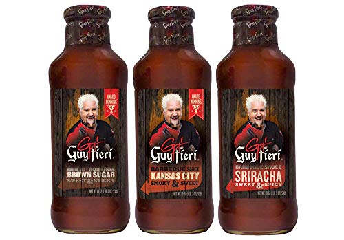 Guy Fieri Bourbon Brown Sugar BBQ Sauce 19 oz Kansas City Syle BBQ Sauce 19 oz Sriracha BBQ Sauce 19 oz (3 Pack)