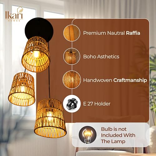Image of Ikari Homes Rattan Chandelier 3 in1 Pendant Light, Natural Beige, Boho Style, E27 Base, Chandelier for living Room I Dining I Bedroom I Balcony I Adjustable Wire - (Bulbs not included) (Taper Zig Zag)