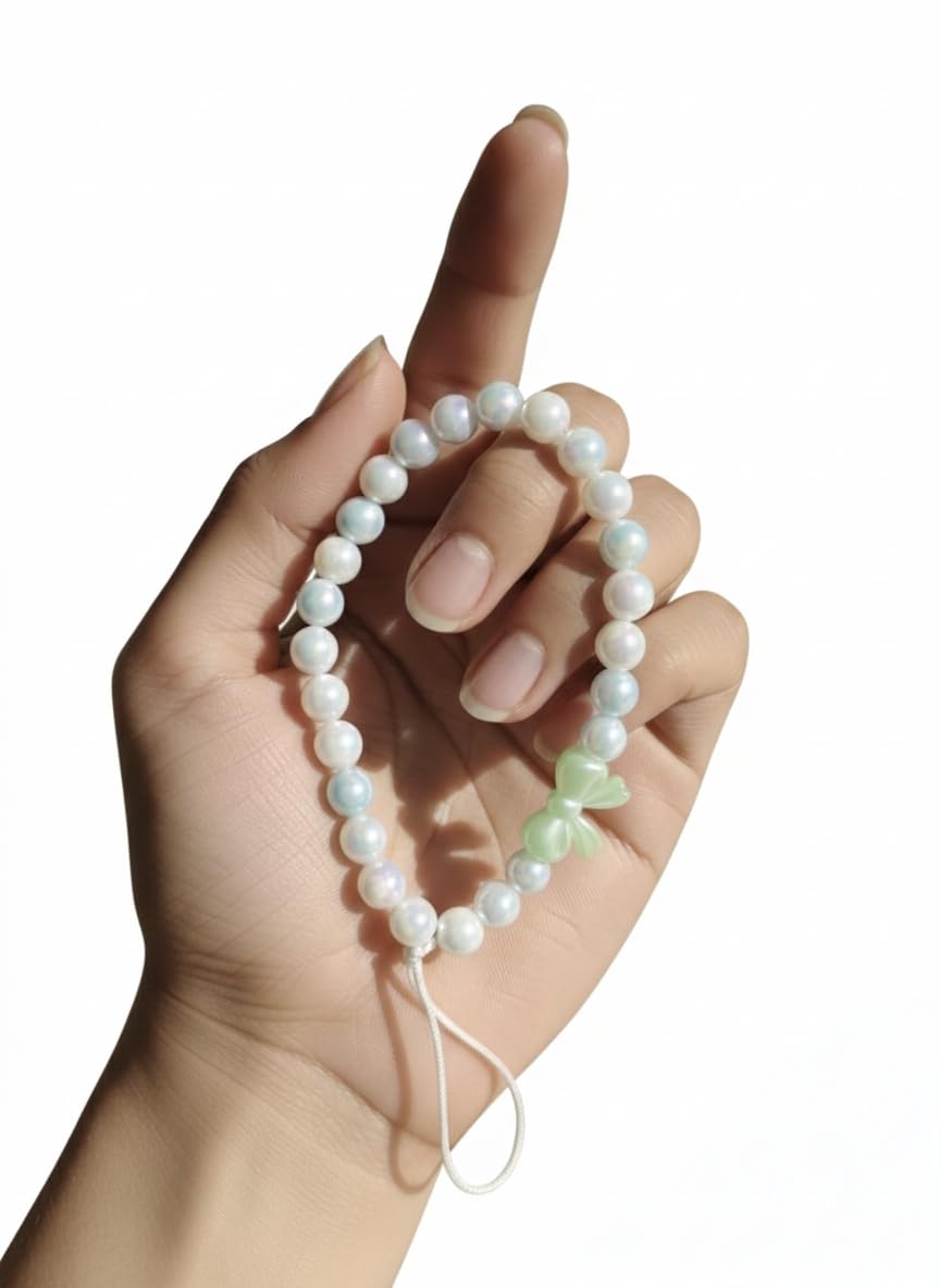 Luxury Universal Pearl Bead Wrist Strap for All Mobile Phone Cases - Stylish Bracelet Hand String with Mint Green Bow Charm-image-26