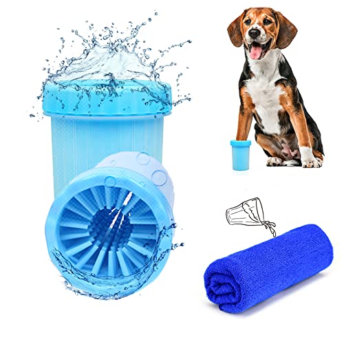 Koishu Dog Paw Cleaner with Pet Nail Clippers Pet Shedding Grooming set 360º Portable Self-Cleaning Washer Cup Muddy Paws Pet Foot Cleaning Brush Cleaner For Large Dogs (Blue+towel)
