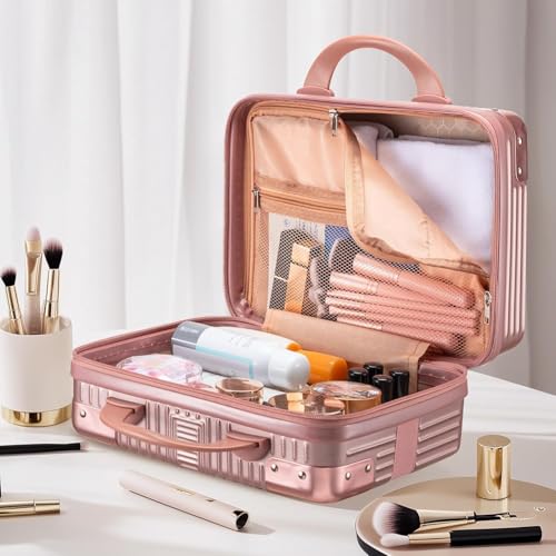 Image of GLOSSYPLUS ABS Hard Shell Cosmetic Travel Hand Luggage Portable Carrying Makeup Case Suitcase Organizer Box Vanity Mini Suitcase Small Accessory Bag, 30 cm, No Wheels (Pink)