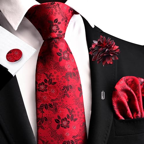 Image of GUSLESON 3.15 inch（8cm） Mens Floral Tie and Lapel Pin Necktie Hankerchief Cufflinks Set for Men