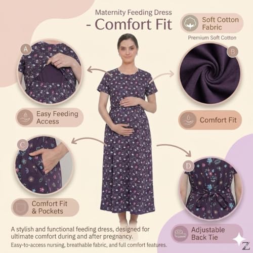 Image of Zero Clothing Feeding Dress for New Moms Casual Loungewear Ankle Length | Cotton Maternity Nighty | Zipless Feeding Dresses for Women | Pregnancy & Nursing Wear