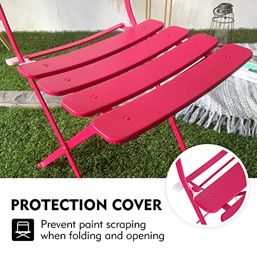 Oc Orange-Casual 3-Piece Outdoor Furniture Set, Premium Steel Patio Stripe Small Bistro Set, Folding Dining Table And Chairs For Porch Balcony, Rose Pink #TOP3