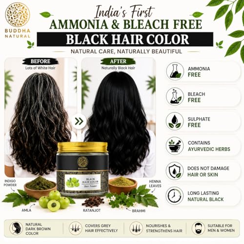 Image of Buddha Natural Black Hair Color Powder (50 Gram) - Get Instant Black Hair, Greys Coverage & Natural Shine | Ammonia-Free, Plant-Based Hair Color Powder