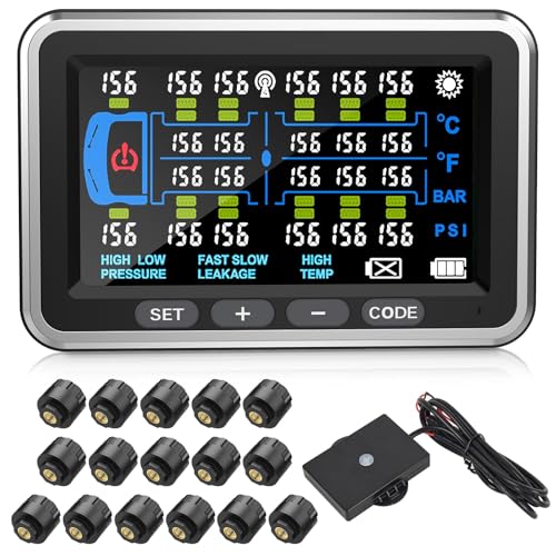 Tyona Truck Tire Pressure Monitoring System with 16 sensors 13Bar/0-199PSI 4.5 inch Color Display tpms for RV/Trailer 6 Alert Modes for Heavy Trucks and Long Body Vehicles