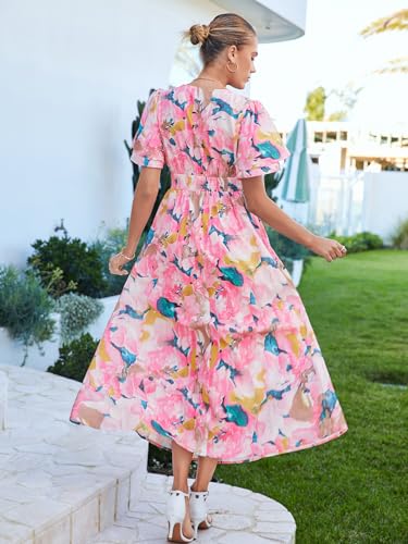 Image of Flessibili Womens V Neck Flutter Sleeve Boho Midi Dress Summer Wedding Guest Beach Party Long Dresses Multi Pink Print Small