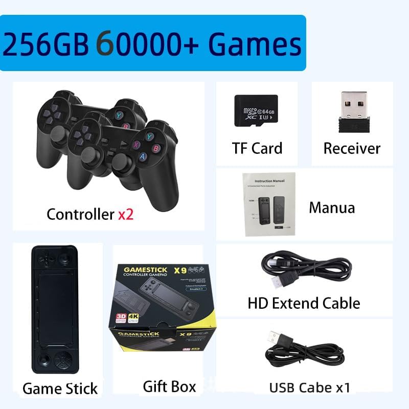 Miniatura 4 de X9 Retro Game Stick, consola de videojuegos 4K HDMI HD Plug and Play con más de 60000 juegos (256 G), con controladores inalámbricos 2.4G,