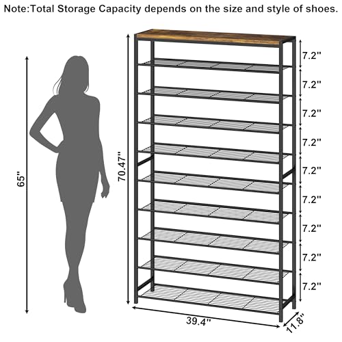 Image of HOMEFORT 10 Tiers Shoe Rack Organizer,39.4 inch Shoe Storage Shelf for Closet, Shoe Rack for Entryway,Holds 45-50 Pairs of Shoe, Tall Shoe Stand with Metal Shelves and MDF Top Board,Rustic Brown