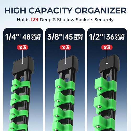 Image of Reniteco 9-Pack Socket Organizer Set, 1 /4 inch x 48 3 /8 inch x 45 1 /2 inch x 36 Clips | 129 Clip Capacity, Havy-Duty ABS Socket Rails, Removable Clips, Drive Socket Storage, Toolbox Drawer or Wall Mount
