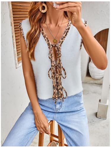 Image of WDIRARA Womens Sleeveless V Neck Leopard Print Bowtie Knit Tank Top