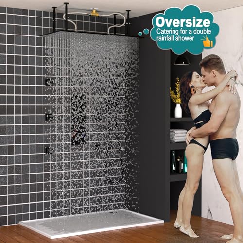 Enga sistema de ducha de lluvia grande con jets corporales, cabezal rectangular de 16x32 pulgadas con conjunto de mano, flujo ajustable, funciones simultáneas, acabado negro mate miniatura 2