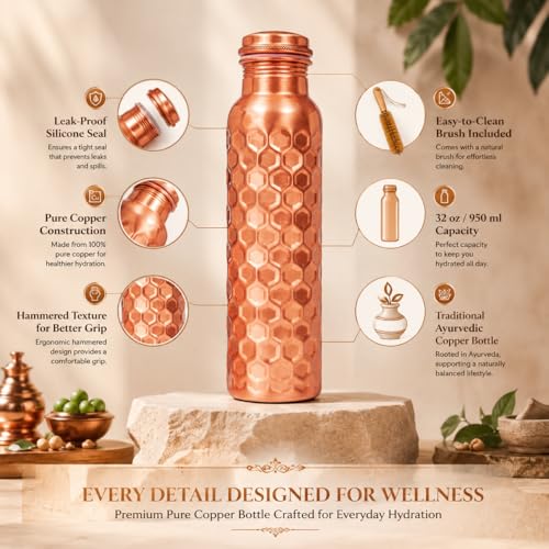 Image of 100% Pure Copper Water bottle 32 Oz with Cleaning brush, Diamond Design