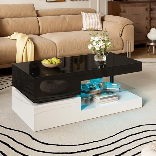 Moderna mesa de centro con iluminación LED ambiental, control APP y Bluetooth, estante de cristal y superficie brillante, diseño blanco y negro para salón, 90 x 45 x 35,5 cm