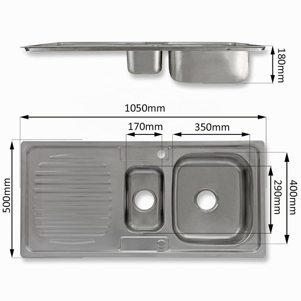 Fregadero de Cocina 1 Seno+Escurridor Sobre Encimera en Acero Inoxidable 105x50cm con Grifo Confetti+Kit para Drenaje y Fontanería GRATIS Lavaplatos Pila Cocina 1 Seno+ Escurridor para Lavar Platos