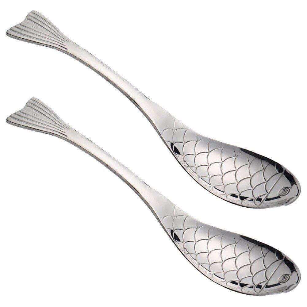 Baokuan Coffee Spoon 2pcs Fish Shape Appetizer Spoon Stainless Steel Dessert Spoon Cute Ice Cream Spoon Drink Mixing Spoon Teaspoon